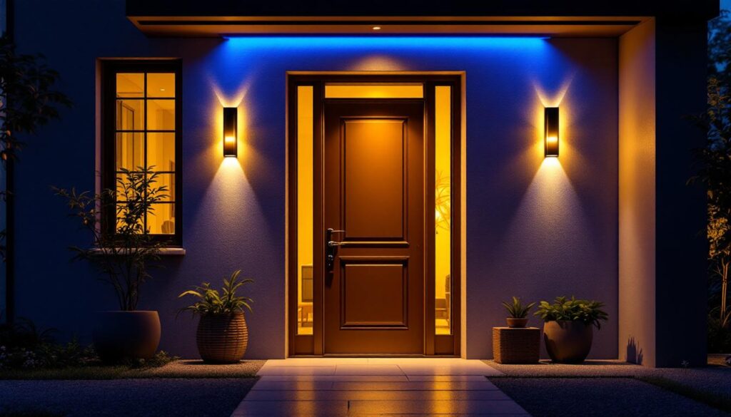 A photograph of a beautifully illuminated front door featuring led lighting