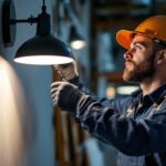 A photograph of a skilled lighting contractor expertly installing a stylish light fixture in a modern interior space