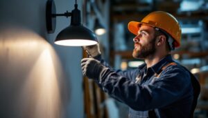 A photograph of a skilled lighting contractor expertly installing a stylish light fixture in a modern interior space