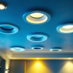 A photograph of a well-lit interior space showcasing various styles of recessed can trims installed in a ceiling
