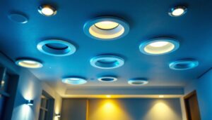 A photograph of a well-lit interior space showcasing various styles of recessed can trims installed in a ceiling