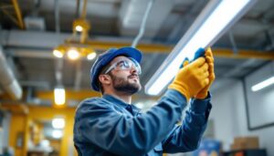 A photograph of a lighting contractor skillfully connecting a fluorescent light fixture in a well-lit workspace