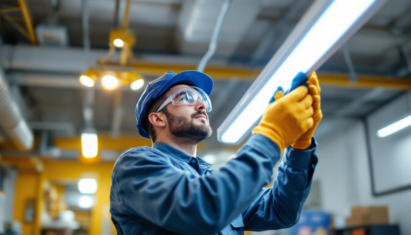 A photograph of a lighting contractor skillfully connecting a fluorescent light fixture in a well-lit workspace