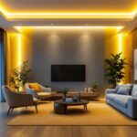 A photograph of a modern living space featuring stylish recessed lighting