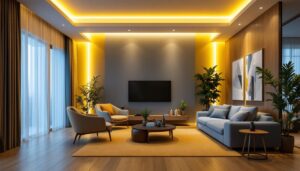 A photograph of a modern living space featuring stylish recessed lighting