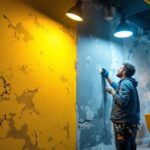 A photograph of a lighting contractor skillfully installing led lights in a modern commercial space