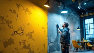 A photograph of a lighting contractor skillfully installing led lights in a modern commercial space