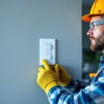 A photograph of a lighting contractor installing a two-way switch in a modern home