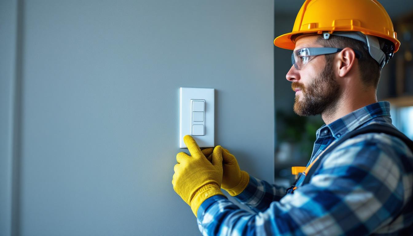 A photograph of a lighting contractor installing a two-way switch in a modern home