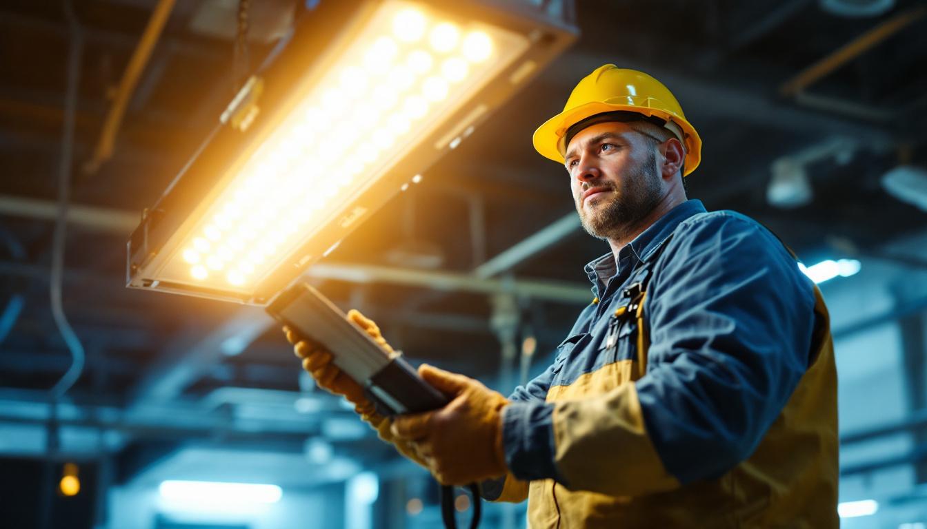 A photograph of a lighting contractor expertly installing a 400-watt hps ballast in a commercial setting