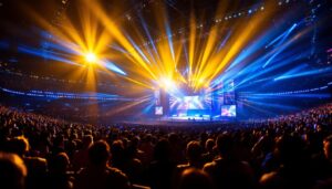A photograph of a vibrant arena illuminated by dynamic led lighting