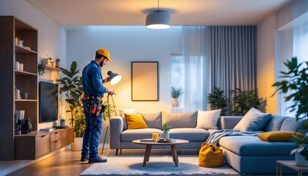 A photograph of a professional electrician installing a can light retrofit kit in a modern living space