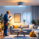 A photograph of a professional electrician installing a can light retrofit kit in a modern living space
