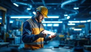 A photograph of a lighting contractor examining a t8 tube in a well-lit workspace