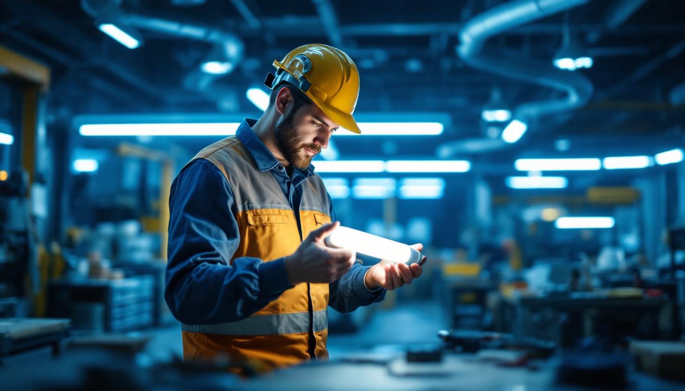 A photograph of a lighting contractor examining a t8 tube in a well-lit workspace