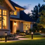 A photograph of a beautifully lit outdoor space featuring various styles of exterior house lights