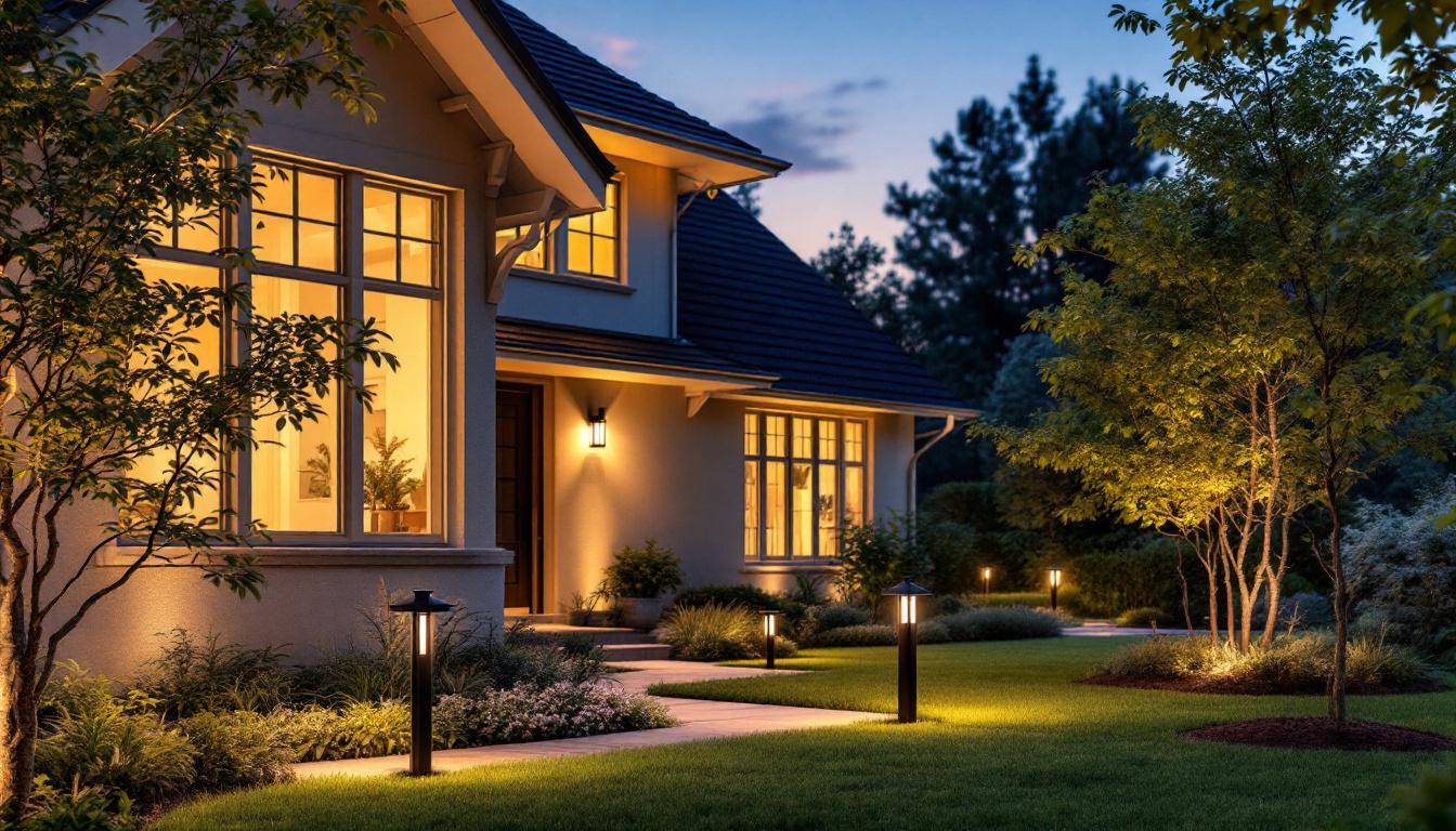 A photograph of a beautifully lit outdoor space featuring various styles of exterior house lights