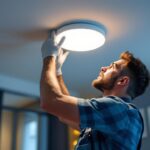 A photograph of a lighting contractor expertly replacing a flat led ceiling light in a modern home setting