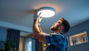 A photograph of a lighting contractor expertly replacing a flat led ceiling light in a modern home setting