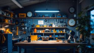 A photograph of a well-lit workshop or garage space showcasing the 6ft led shop light in action