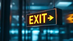 A photograph of a well-lit emergency exit sign in a commercial building
