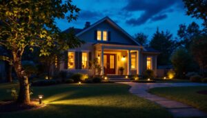 A photograph of capture a photograph of a well-lit outdoor setting at dusk