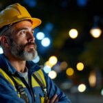 A photograph of a lighting contractor evaluating various street bulb options