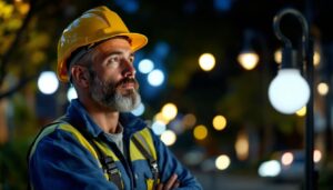 A photograph of a lighting contractor evaluating various street bulb options