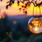 A photograph of a beautifully illuminated solar-powered hanging globe in a serene outdoor setting at dusk