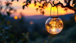 A photograph of a beautifully illuminated solar-powered hanging globe in a serene outdoor setting at dusk