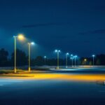 A photograph of a well-lit parking lot at dusk