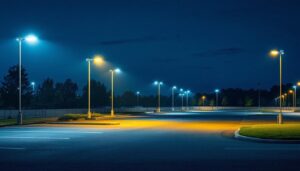 A photograph of a well-lit parking lot at dusk