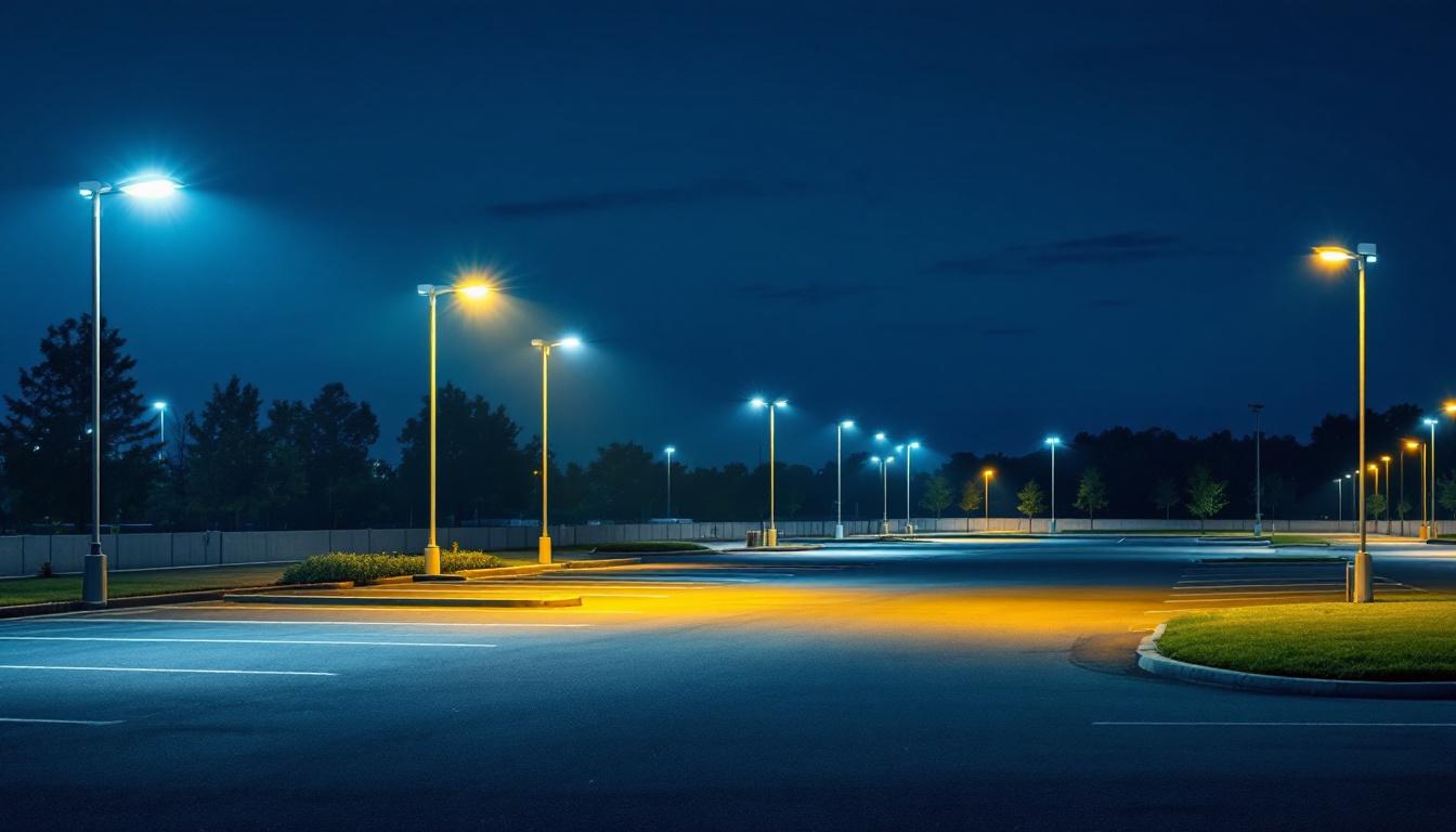 A photograph of a well-lit parking lot at dusk