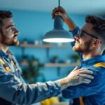 A photograph of a lighting contractor skillfully installing a led light hanger in a modern home setting