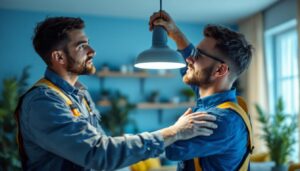 A photograph of a lighting contractor skillfully installing a led light hanger in a modern home setting