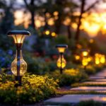 A photograph of a beautifully illuminated garden pathway featuring glass solar pathway lights
