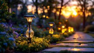 A photograph of a beautifully illuminated garden pathway featuring glass solar pathway lights
