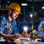 A photograph of a lighting contractor examining a cob led light bulb in a well-lit workspace