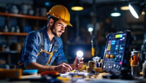 A photograph of a lighting contractor examining a cob led light bulb in a well-lit workspace