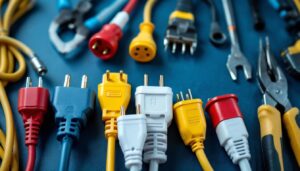 A photograph of a close-up of various electrical power cords