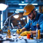 A photograph of a skilled lighting contractor assembling led lights in a well-lit workshop