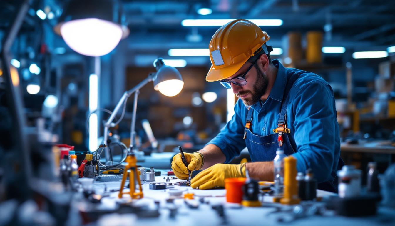 A photograph of a skilled lighting contractor assembling led lights in a well-lit workshop