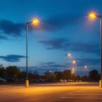 A photograph of a well-lit parking lot featuring several tall light poles