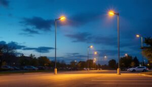 A photograph of a well-lit parking lot featuring several tall light poles