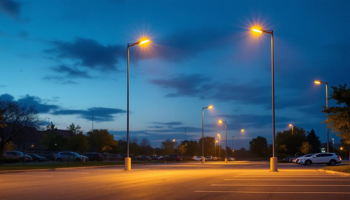 A photograph of a well-lit parking lot featuring several tall light poles