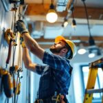 A photograph of a skilled lighting contractor at work