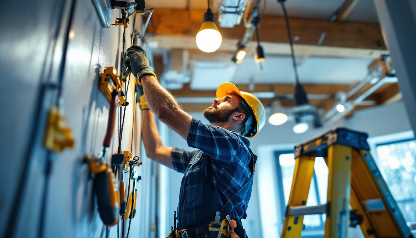 A photograph of a skilled lighting contractor at work