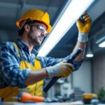 A photograph of a lighting contractor replacing a 4-foot fluorescent tube with an led equivalent in a commercial setting