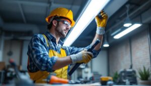 A photograph of a lighting contractor replacing a 4-foot fluorescent tube with an led equivalent in a commercial setting