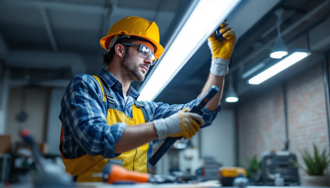A photograph of a lighting contractor replacing a 4-foot fluorescent tube with an led equivalent in a commercial setting